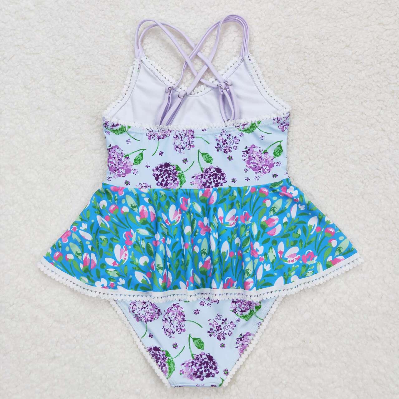 S0246 Girls Purple Flowers Print 1 Piece Swimsuits