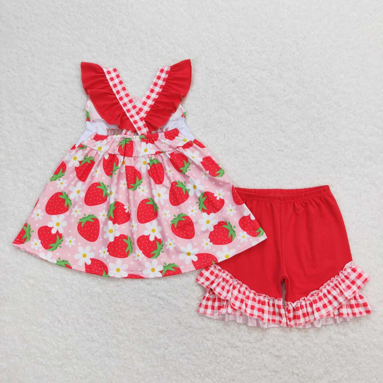 GSSO0835  MAMA'S GIRL Embroidery Strawberry Tunic Top Ruffle Shorts Girls Summer Clothes Set