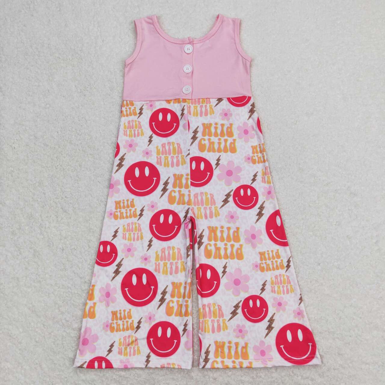 SR1195 Flowers Wild Child Smiling Face Print Girls Summer Jumpsuits