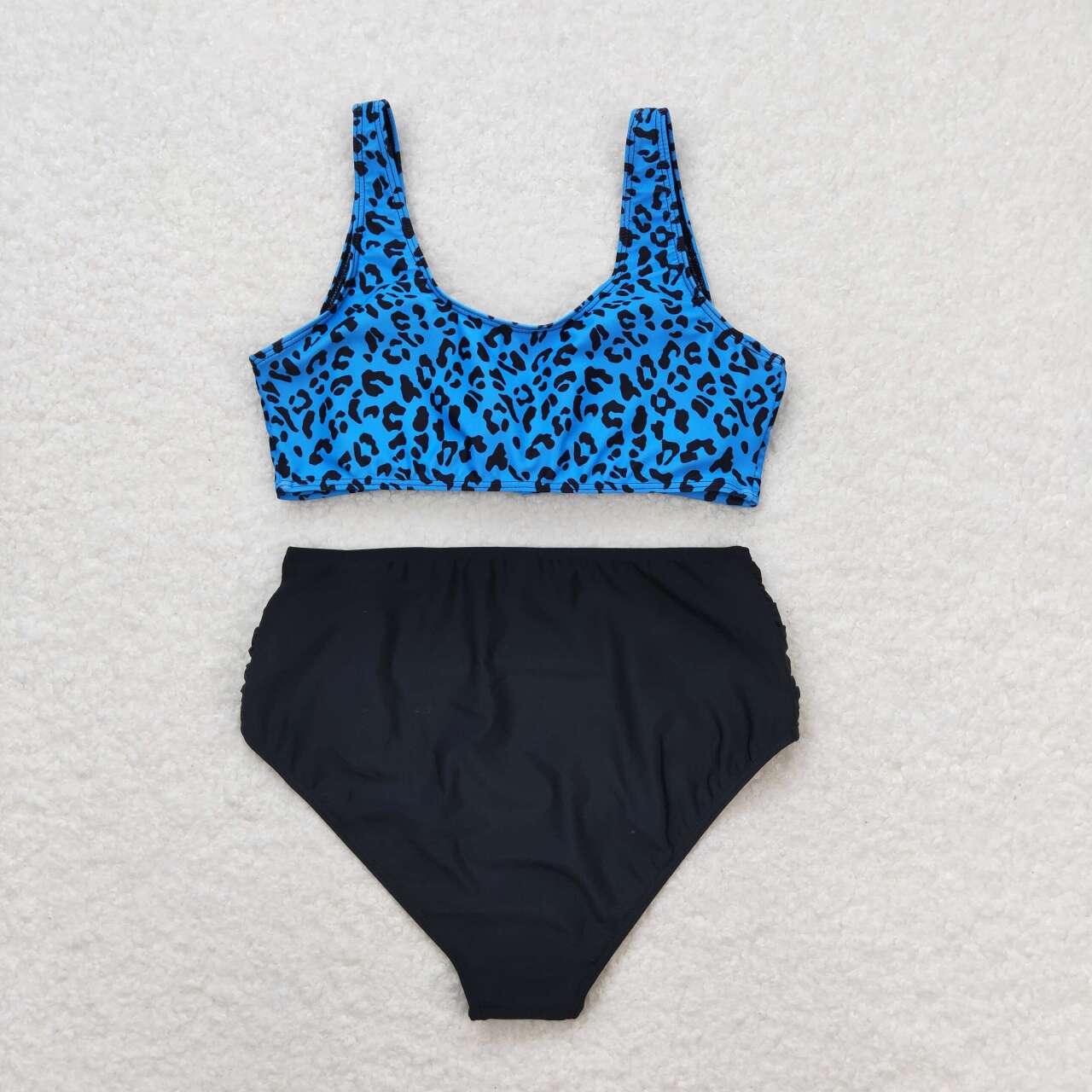 S0290 Adult Blue Leopard Top Black Trunks Woman 2 Pieces Swimsuits