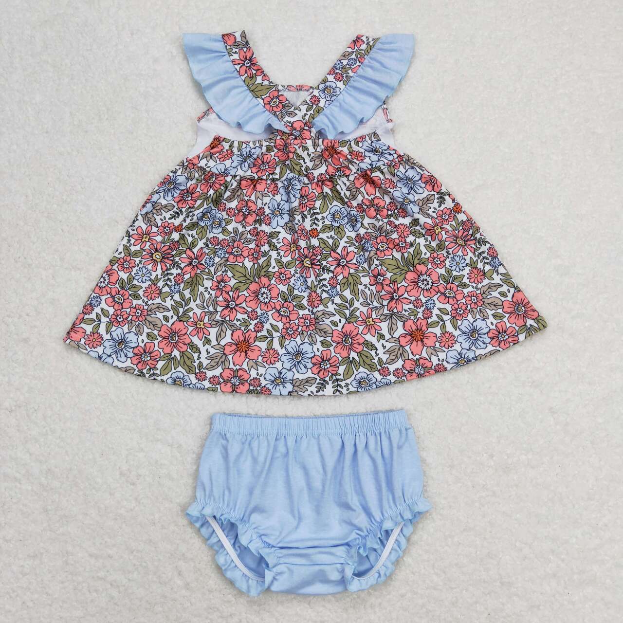 GBO0294 I LOVE DADDY Embroidery Flowers Top Blue Shorts Baby Girls Summer Bummie Set