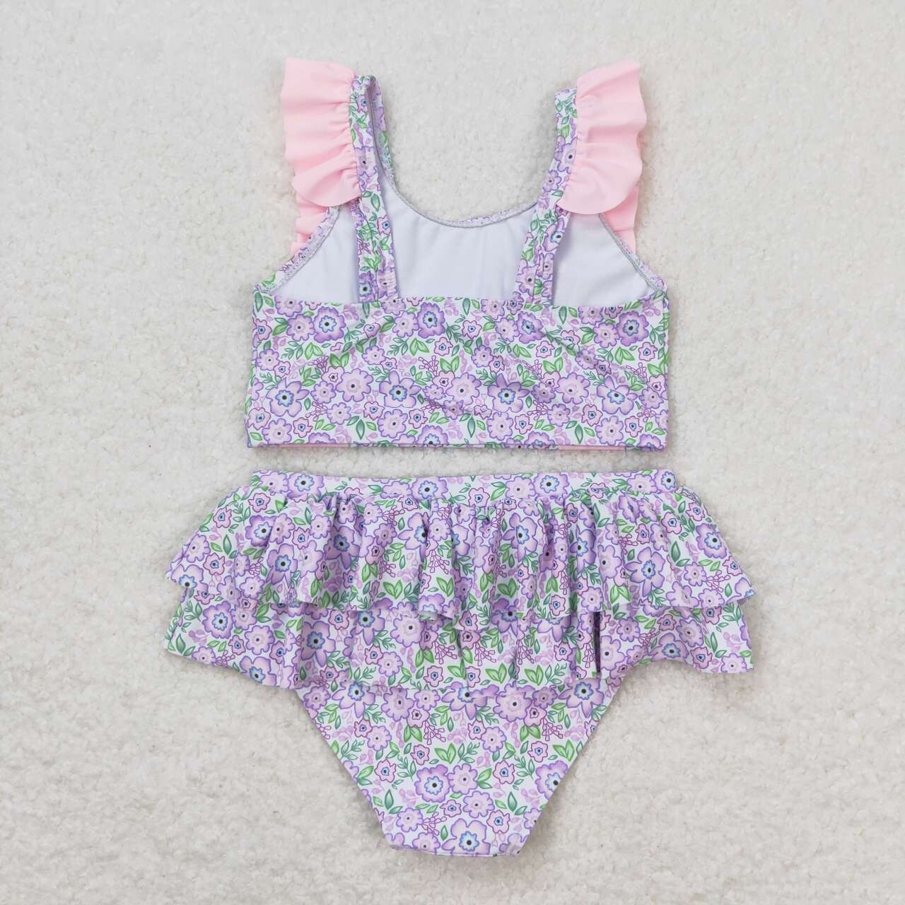 S0332 Pink Flowers Print Ruffles Girls 2 Pieces Swimsuits
