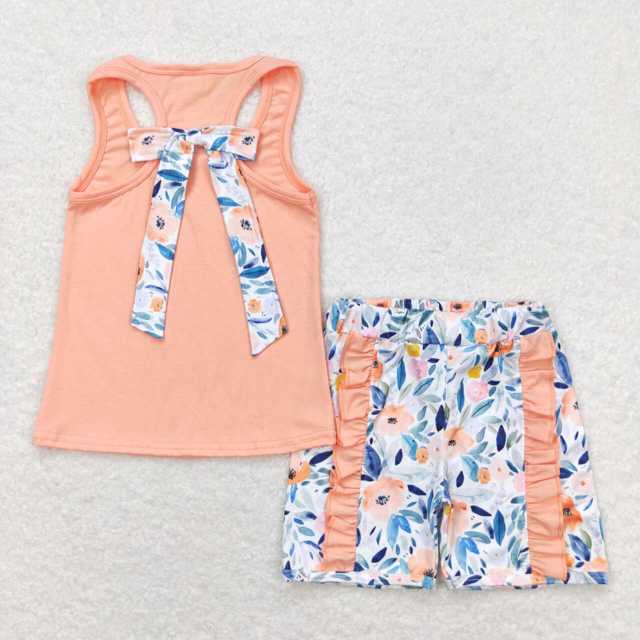 GSSO1061  Orange Vest Bows Top Flowers Shorts Girls Summer Clothes Set