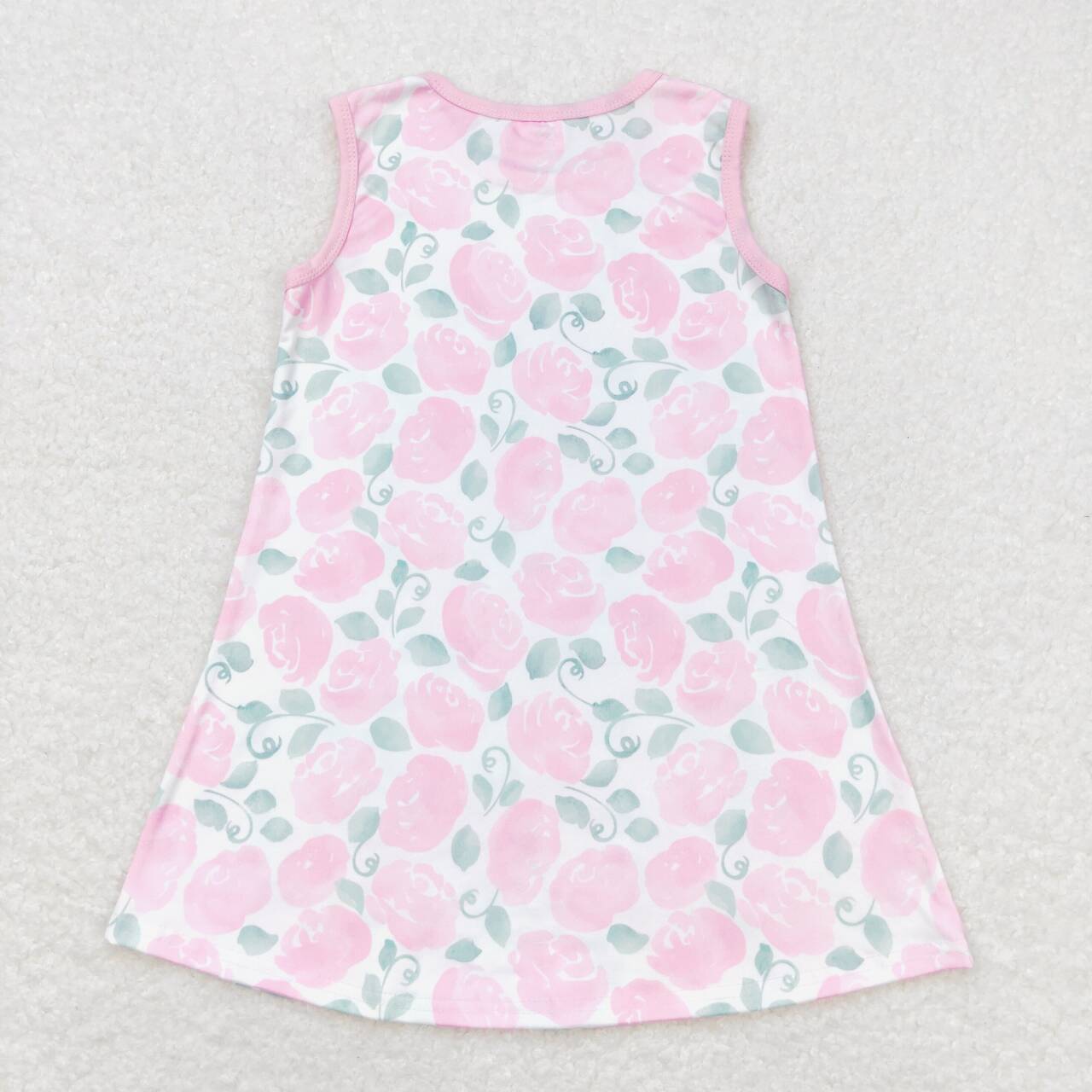 GSD1045  Pink Flowers Print Girls Knee Length Summer Dress