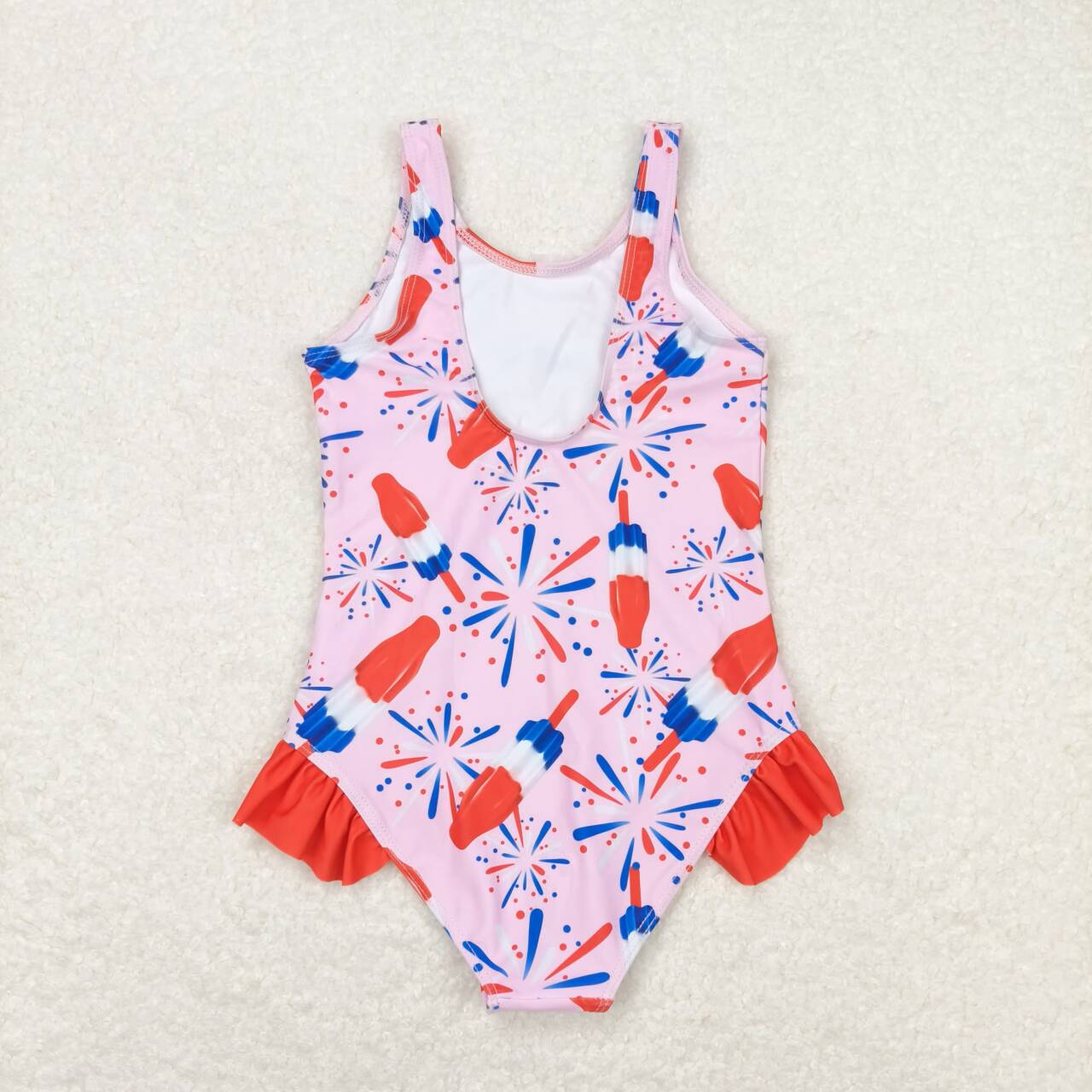 S0333 Fireworks Popsicle Pink Print Girls 1 Piece 4th of July Swimsuits