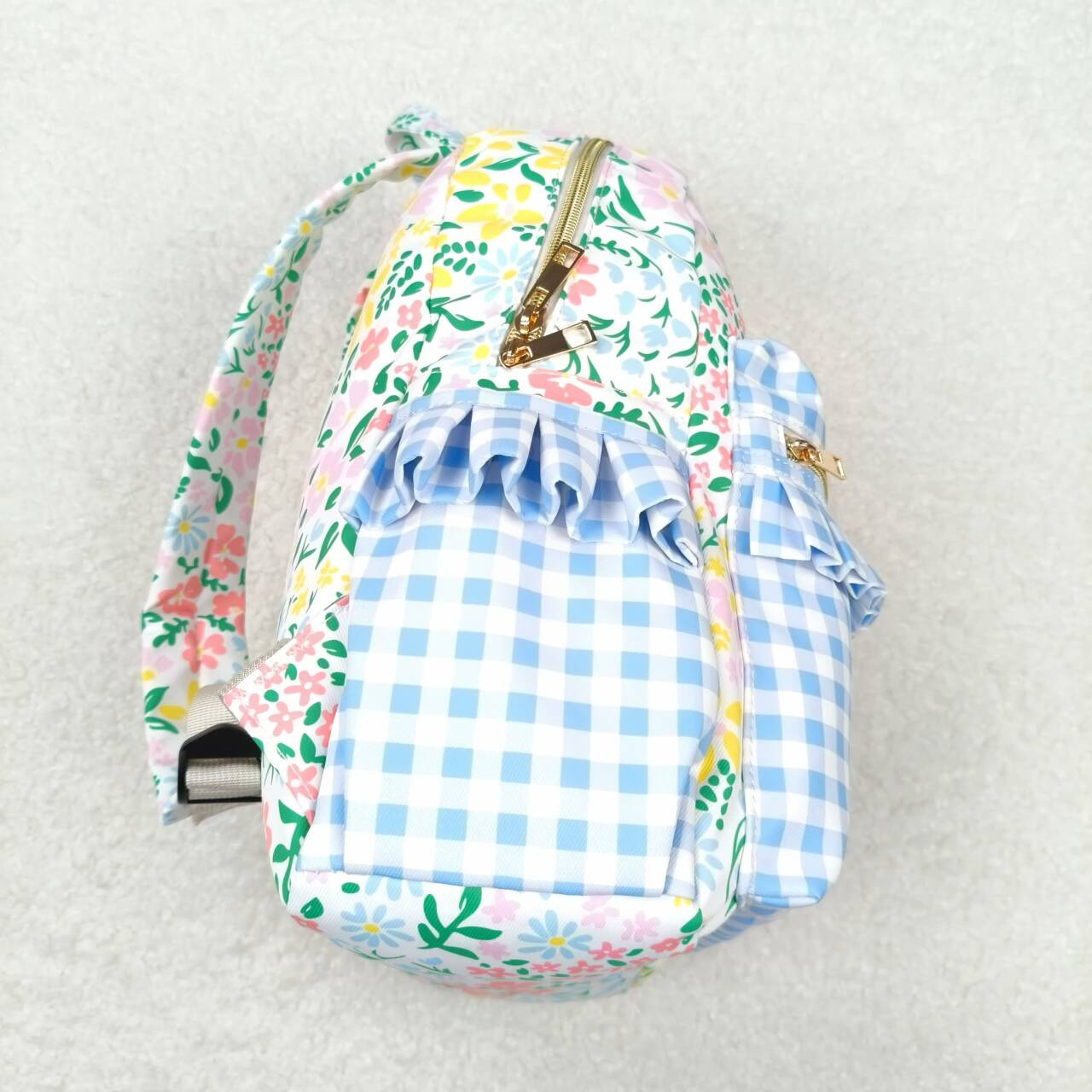 BA0097 Girls Bag Flowers Blue Plaid Print Backpack