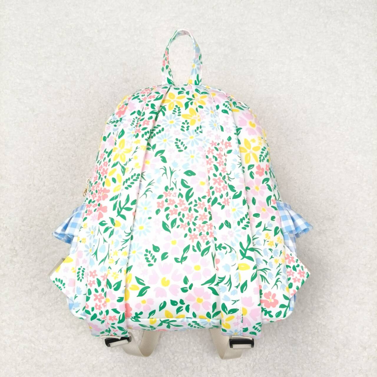 BA0097 Girls Bag Flowers Blue Plaid Print Backpack