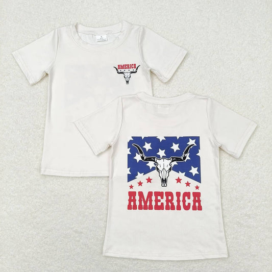 GT0465  Cow Skull America Print Kids 4th of July Tee Shirts Top