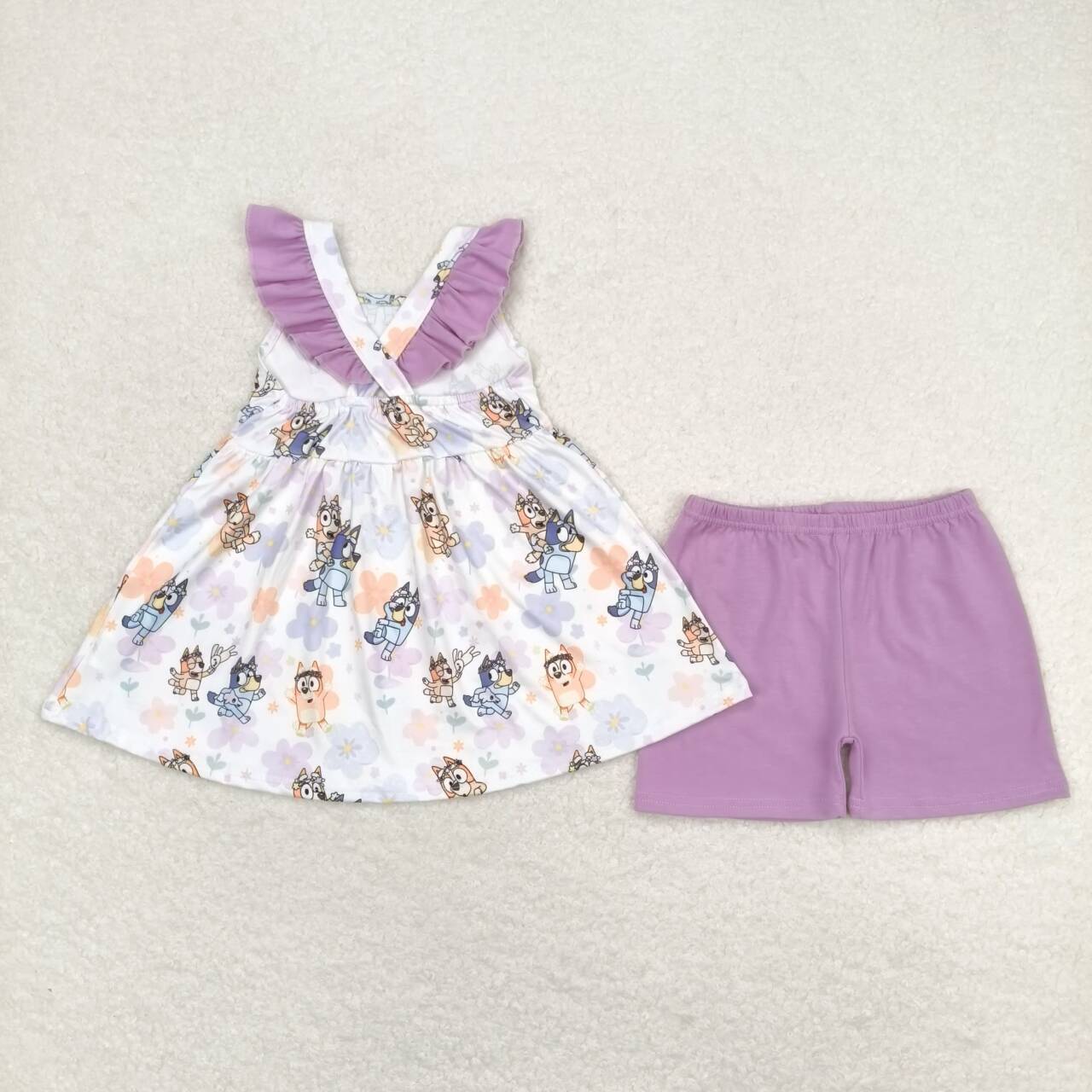 GSSO0998  Cartoon Dog Flowers Top Purple Shorts Girls Summer Clothes Set