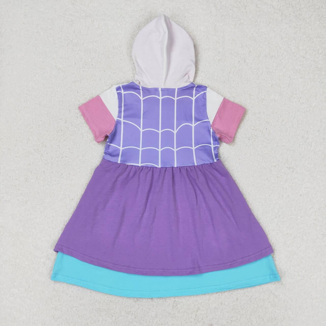 GSD0996  Purple Cartoon Spider Print Girls Knee Length Summer Hoodie Dress