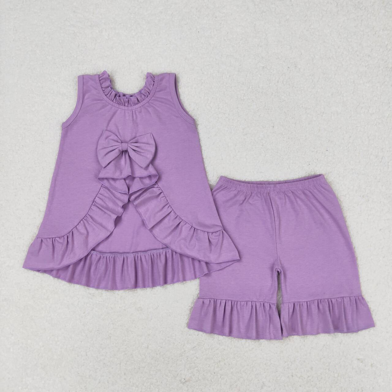 GSSO0520 Purple Backless Bow Top Ruffle Shorts Girls Summer Clothes Set