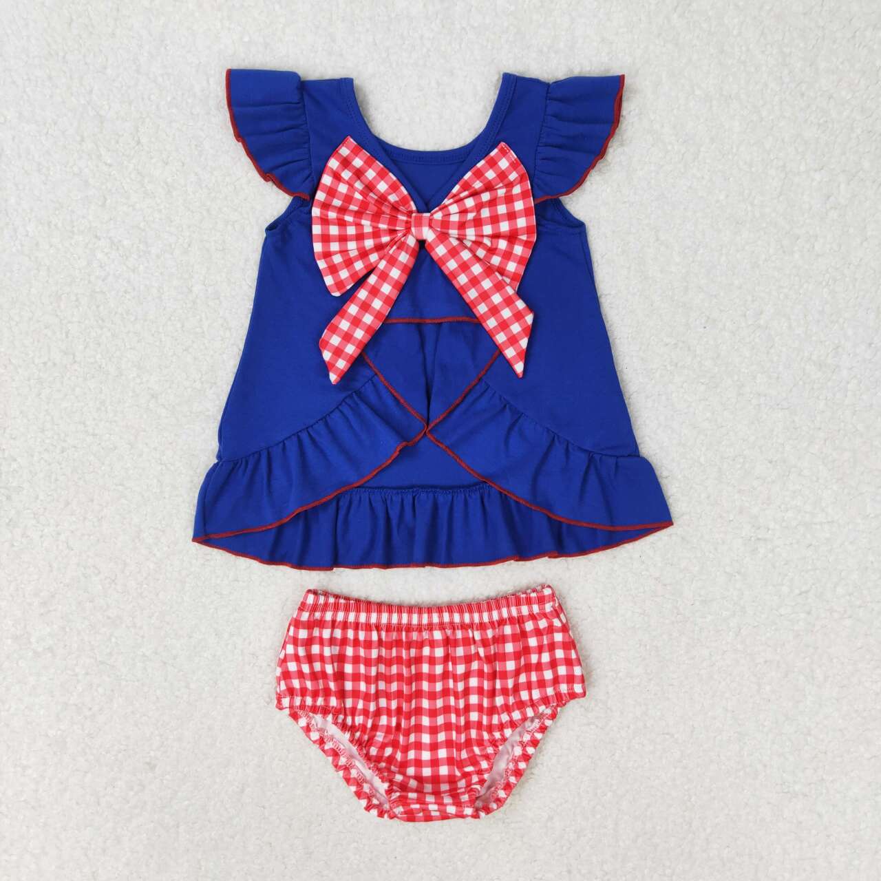 GBO0311 Flags Embroidery Blue Top Plaid Shorts Baby Girls 4th of July Bummie Set