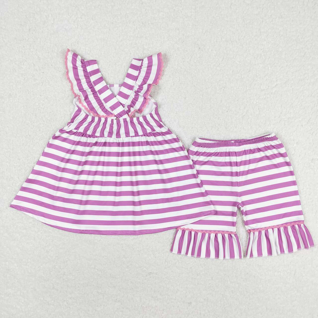 GSSO0734  Popsicle Embroidery Purple Stripes Tunic Top Ruffle Shorts Girls Summer Clothes Set