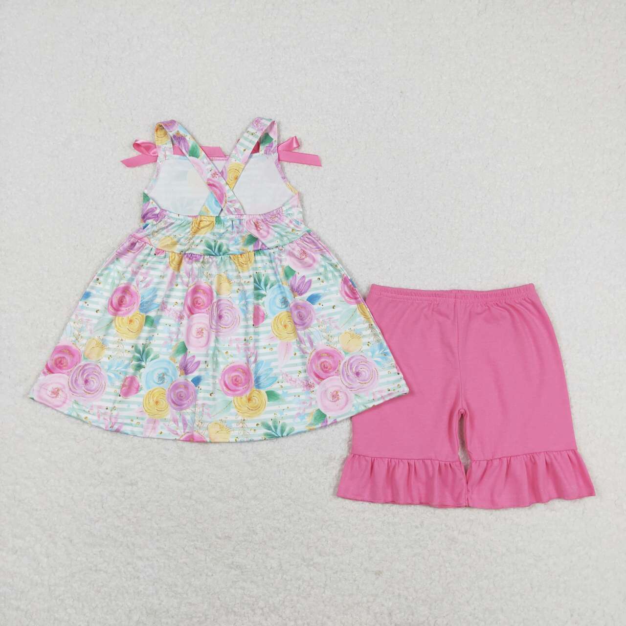 GSSO1007  Colorful Flowers Top Ruffle Shorts Girls Summer Clothes Set