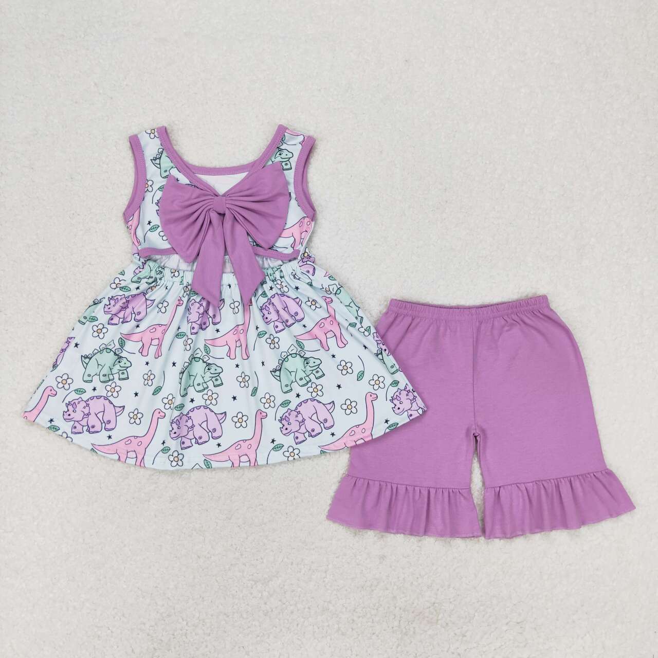 GSSO0533 Cute Flowers Dino Top Purple Shorts Girls Summer Clothes Set