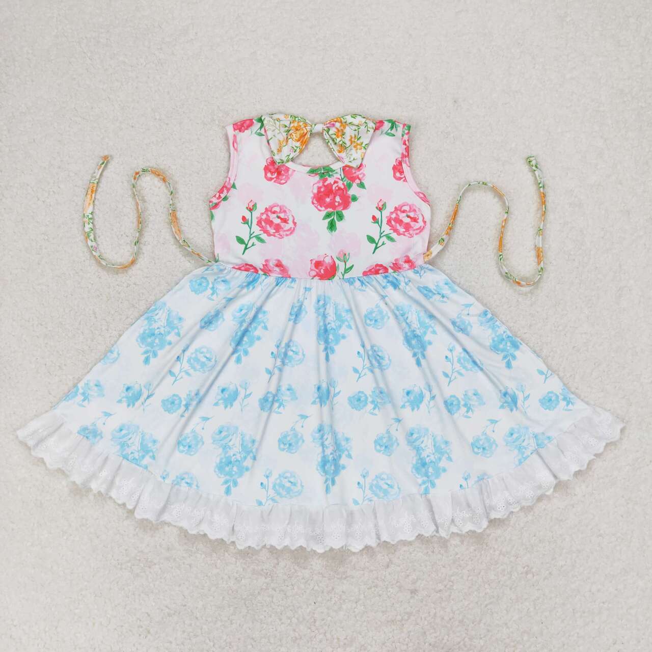 GSD0987  Aqua Flowers Print Girls Knee Length Summer Dress