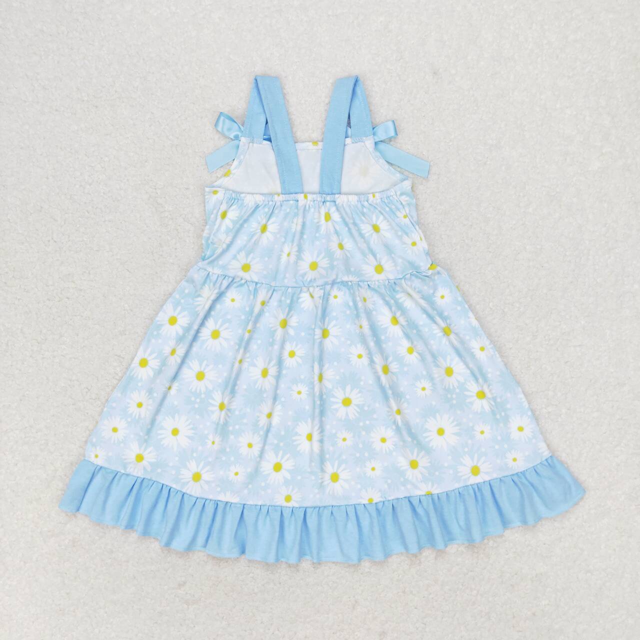 GSD1066  Daisy Flowers Blue Print Girls Knee Length Summer Dress