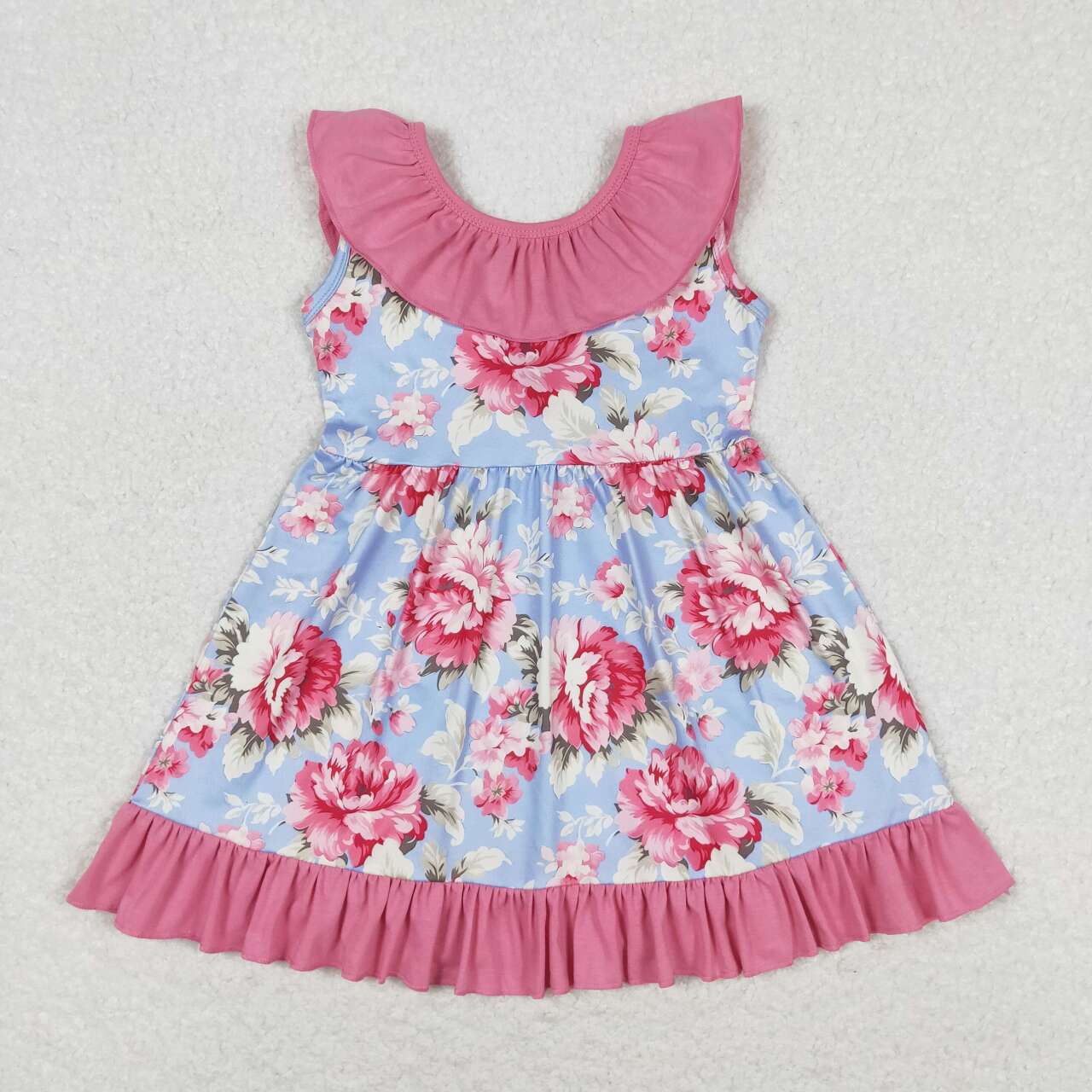 GSD0723 Pink Flowers Print Girls Summer Knee Length Dress