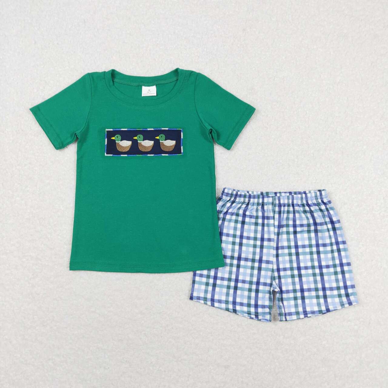 BSSO0589 Duck Embroidery Green Top Plaid Shorts Boys Summer Clothes Set