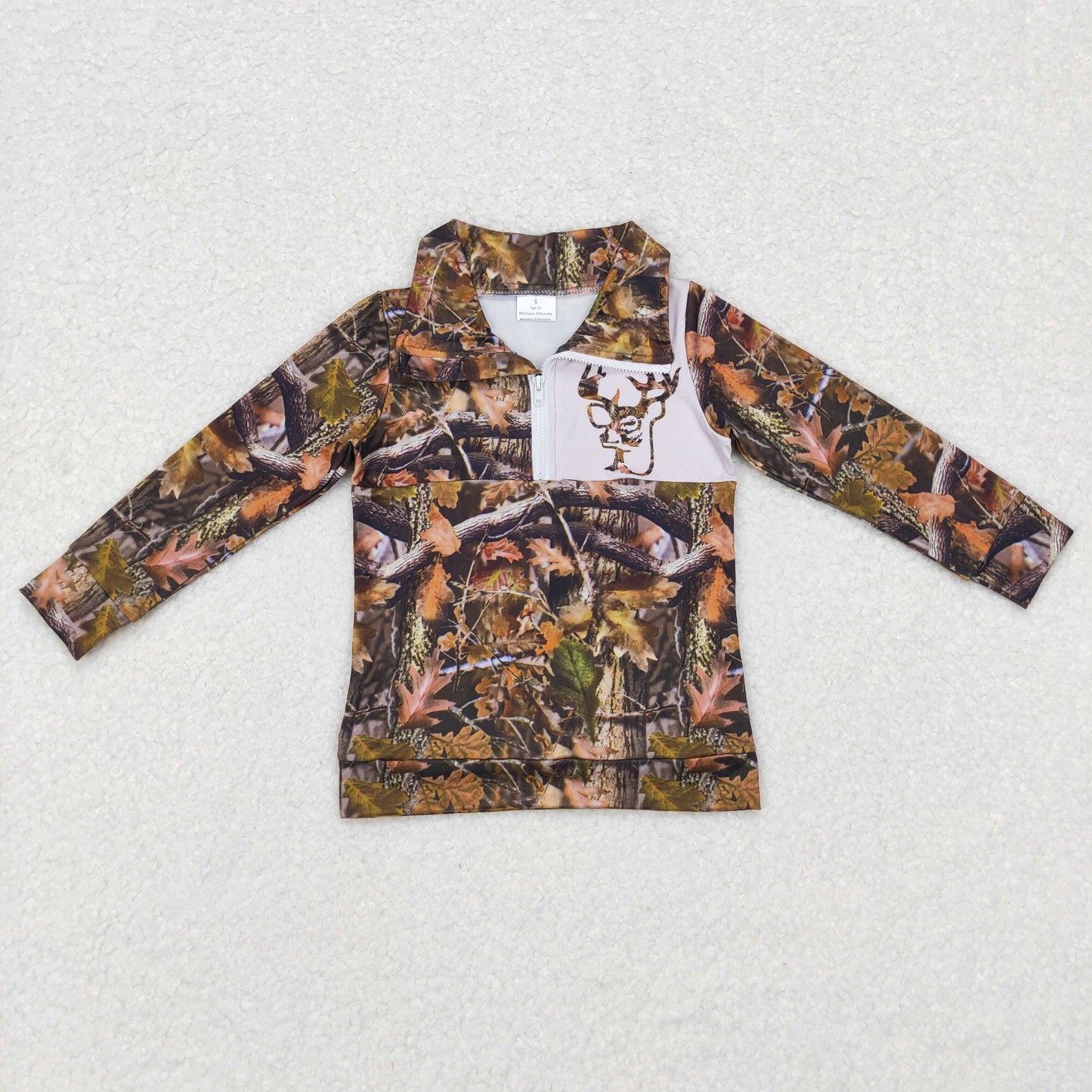 BT0331  Green camo deer print boys go hunting pullover button tee shirt top