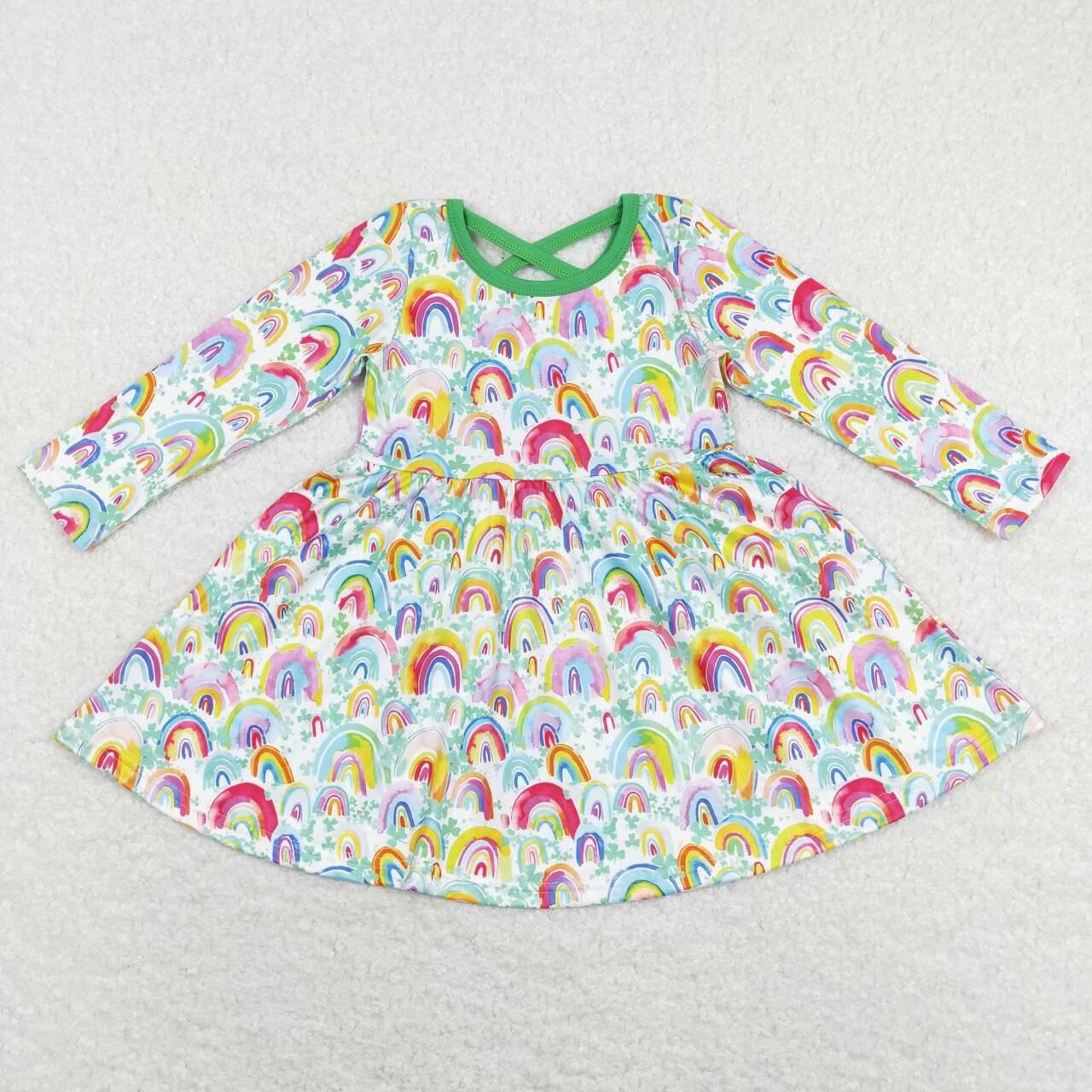 GLD0495 Green Quatrefoil Rainbow Print Girls St. Patrick's Knee Length Dress