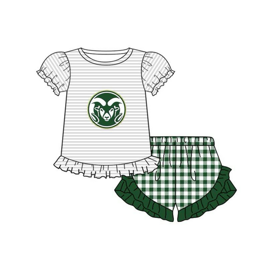 (Custom Design Preorder MOQ 5) Team's RAMS Stripes Top Green Plaid Shorts Girls Summer Clothes Set