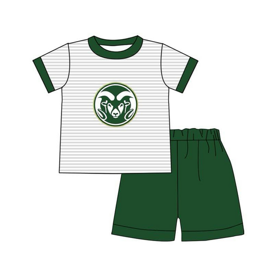 (Custom Design Preorder MOQ 5) Team's RAMS Stripes Top Green Shorts Boys Summer Clothes Set