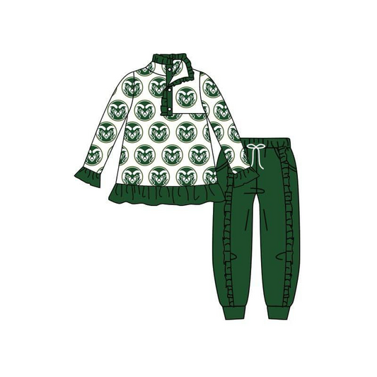 (Custom Design Preorder MOQ 5) Team's RAMS Print Pullover Top Green Pockets Pants Girls Fall Clothes Set