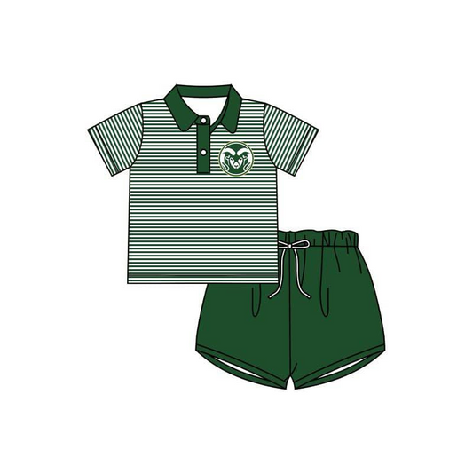 (Custom Design Preorder MOQ 5) Team's RAMS Stripes Polo Top Green Shorts Boys Summer Clothes Set