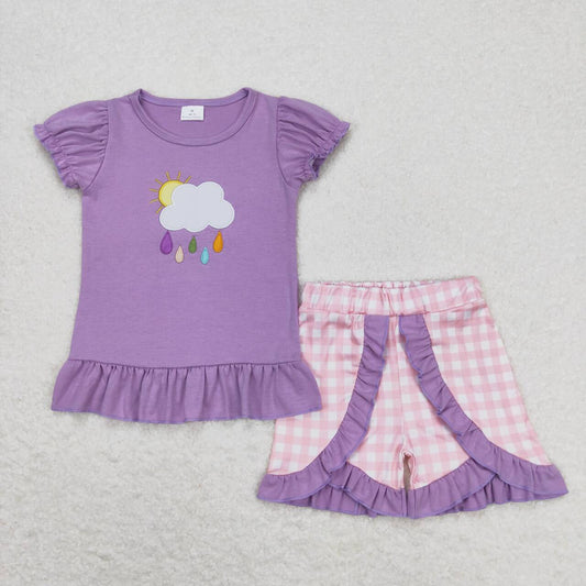 GSSO0657 Sunshine Rain Embroidery Purple Top Plaid Shorts Girls Summer Clothes Set