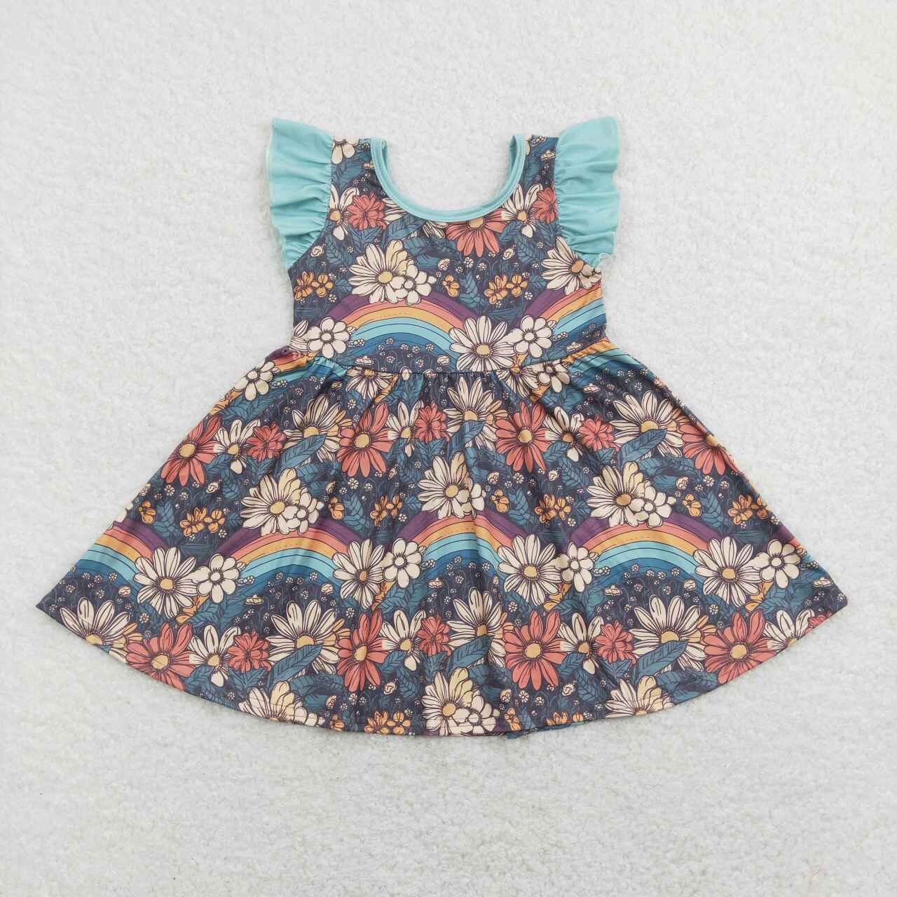 GSD0734 Flowers Rainbow Print Girls Summer Knee Length Dress