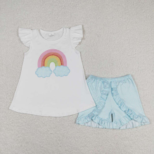 GSSO0827 Rainbow White Top Blue Plaid Shorts Girls Summer Clothes Set