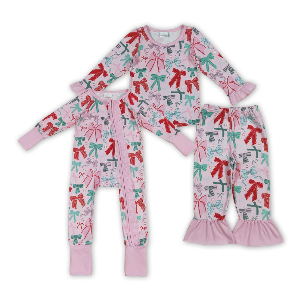 Red Green Bows Print Girls Christmas Pajamas Matching Clothes