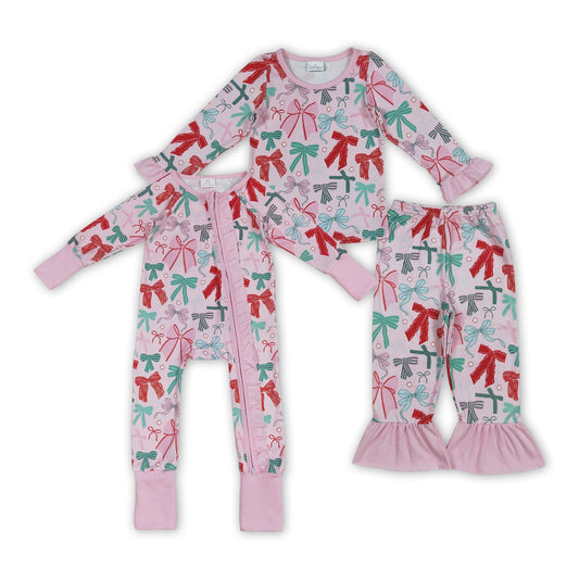 Red Green Bows Print Girls Christmas Pajamas Matching Clothes