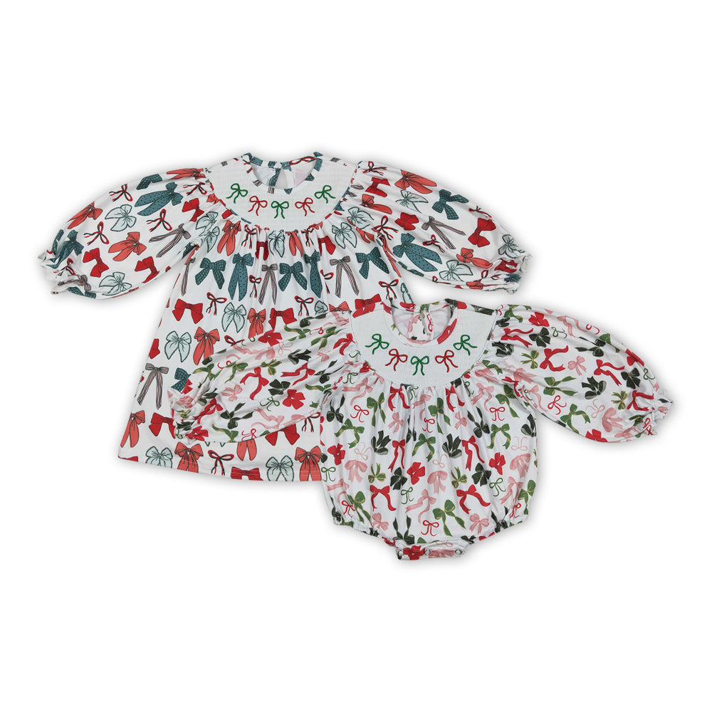 Red Green Bows Embroidery Sisters Christmas Smocked Matching Clothes