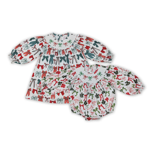 Red Green Bows Embroidery Sisters Christmas Smocked Matching Clothes