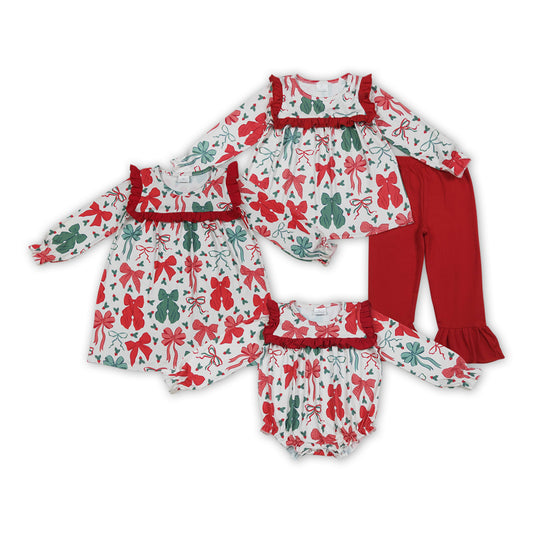 Red Green Bows Holly Print Girls Christmas Clothes Sisters Matching Wear