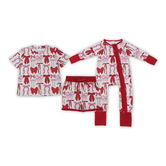 Red Pink Bows Print Girls Valentine's Day Clothes Sisters Matching Wear