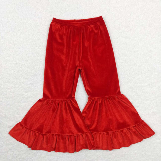 P0417 Red Ruffles Velvet Girls Bell Bottom Pants