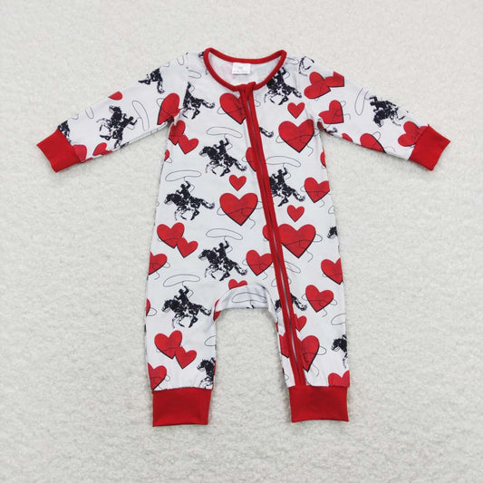 LR0903  Rodeo Heart Print Baby Boys Valentine's Zipper Romper