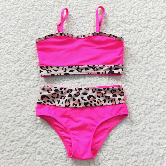 S0138 Girls got pink and leopard print 2 pieces swimsuits