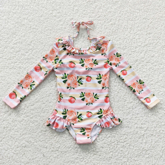 S0139 Girls long sleeve peach and flowers print 1 pieces swimsuits