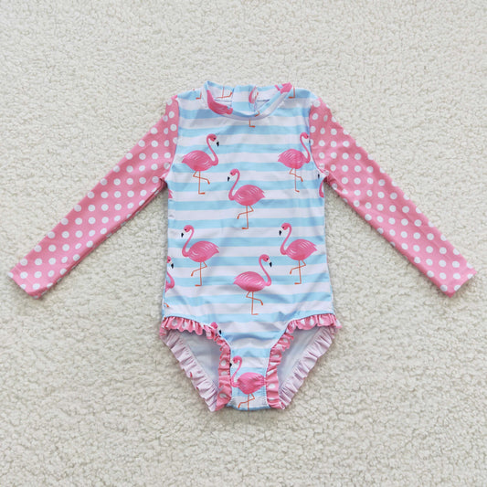 S0140 Girls long sleeve flamingo print 1 pieces swimsuits