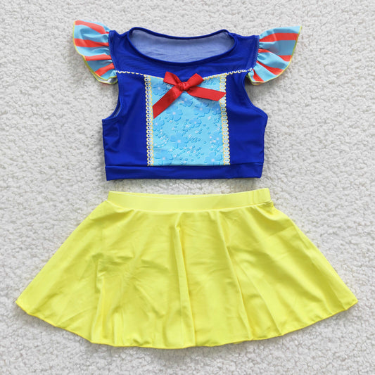 S0144 Girls blue yellow cartoon princess design 2 pieces swimsuits