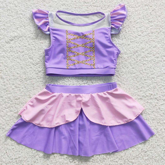 S0145 Girls purple cartoon princess design 2 pieces swimsuits