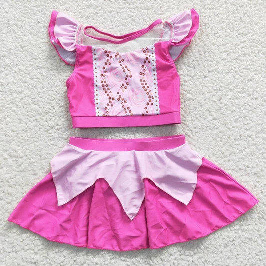 S0146 Girls pink cartoon princess design 2 pieces swimsuits
