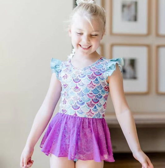 S0154 Girls Mermaid Scale Print 1 Piece Purple Tulle Swimsuits