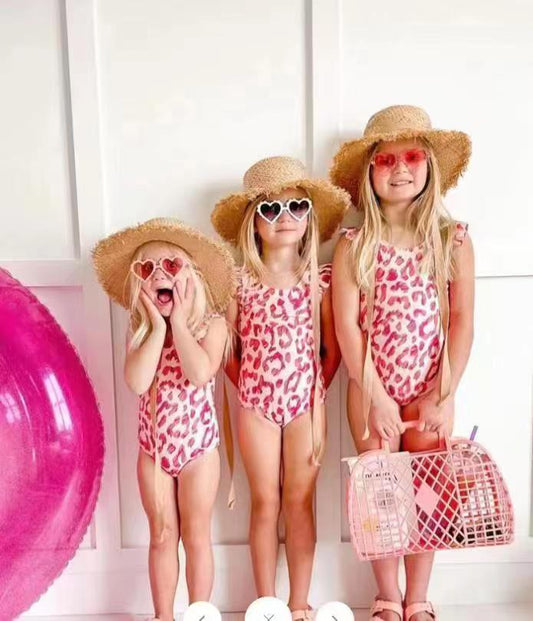 S0155 Girls Pink Leopard Print 1 Piece Swimsuits