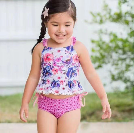 S0156 Girls purple flowers print 2 pieces swimsuits