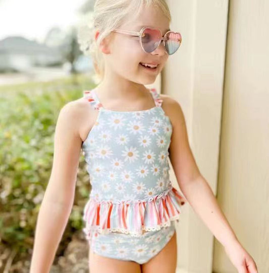 S0157 Girls Daisy Print 2 Pieces Swimsuits